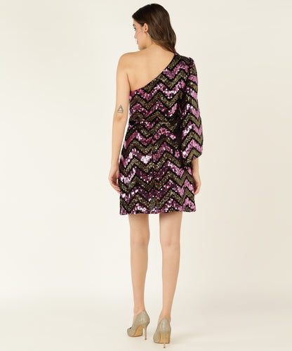 Trendy One-Shoulder Sequin Mini Dress with Chevron Pattern