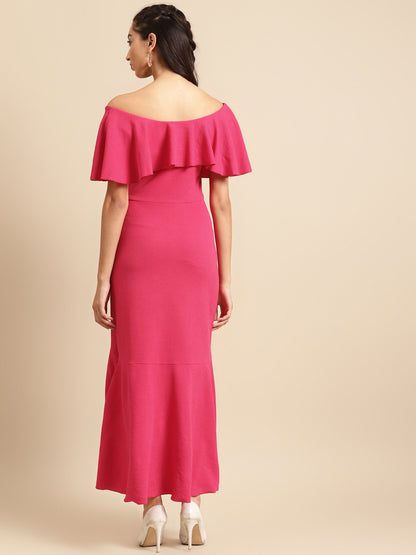 Women Off Shoulder Ruffle Hem High Low Maxi Dress