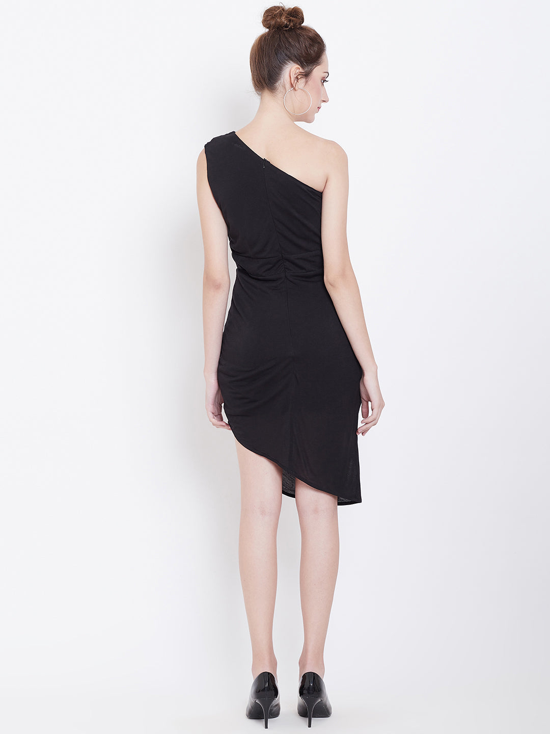 Black One Shoulder Dress with Brown Faux Leather Panel