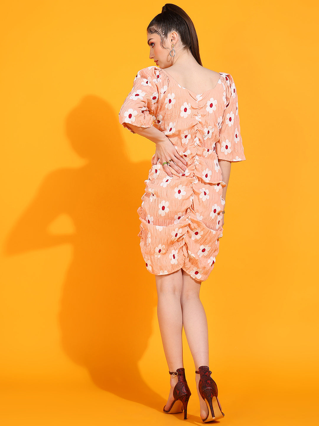 Peach Floral Ruched Mini Dress with Puff Sleeves | Summer Casual Wear