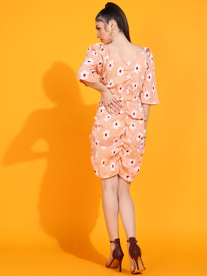 Peach Floral Ruched Mini Dress with Puff Sleeves | Summer Casual Wear