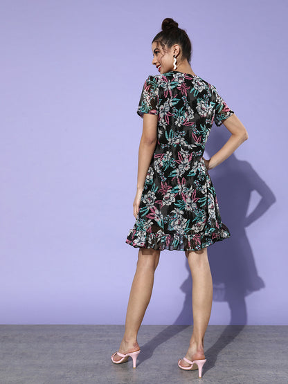 Black Floral Belted Fit & Flare Dress Elegant Short Sleeve V-Neck Dress