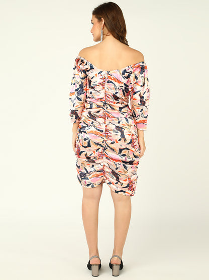 Floral Printed Off-Shoulder Ruched Bodycon Dress with Puff Sleeves