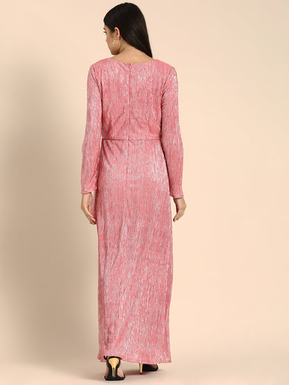 Pink Metallic Pleated Gown with Slit and Draped Detail
