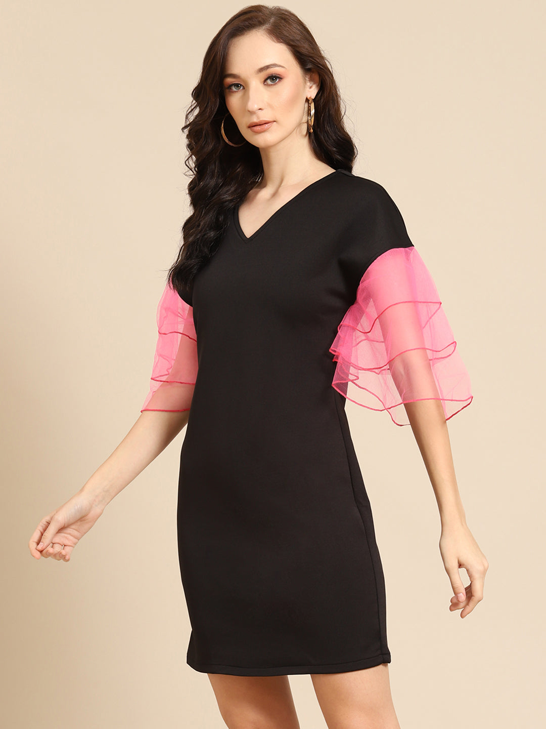 Black V-Neck Mini Dress with Pink Organza Ruffle Sleeves – Trendy Party Wear for Women