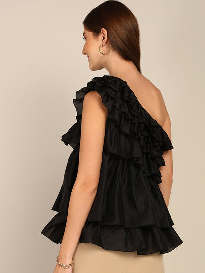 Black One Shoulder Ruffle Layered Party Top for Women