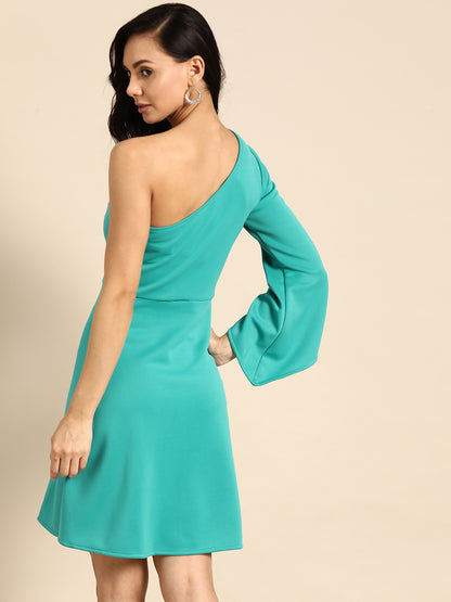 Turquoise One-Shoulder A-Line Dress for Women – Elegant Flared Sleeve Party Dress