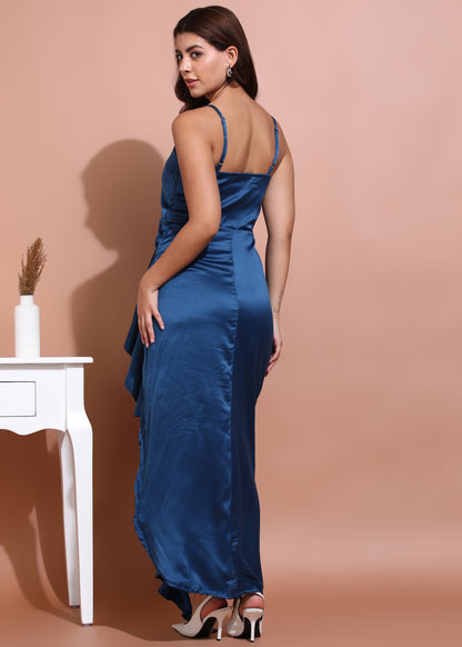 Elegant Blue Satin Ruffle Slit Dress for Women | Party & Evening Wear
