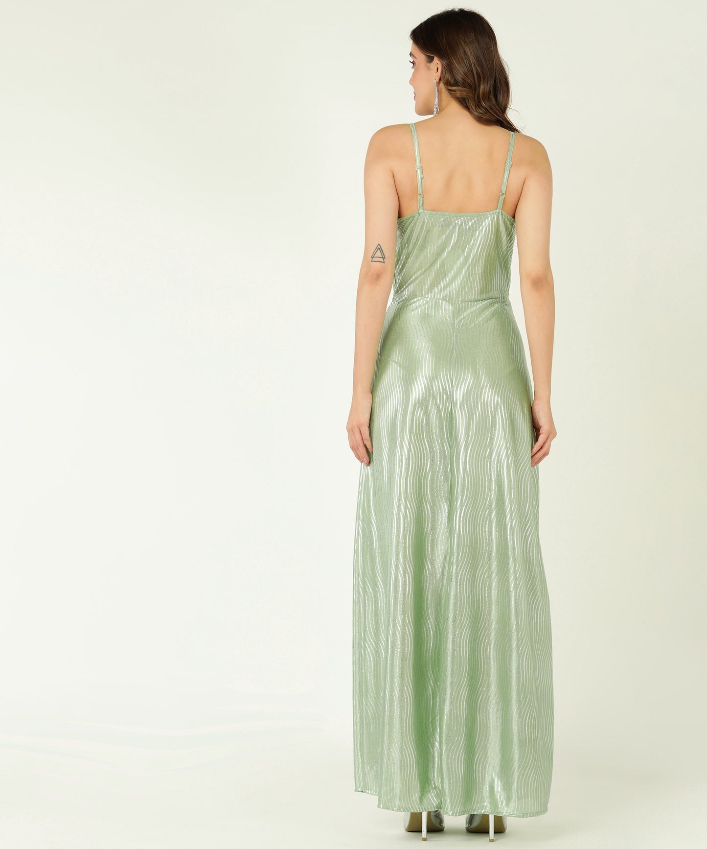 Mint Green Metallic Maxi Dress with Spaghetti Straps and Draped Neckline