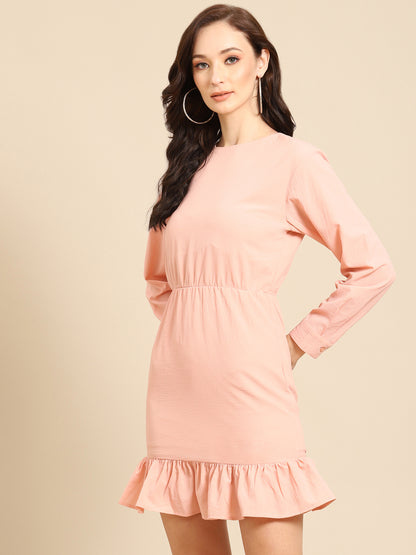 Chic Peach Long Sleeve Mini Dress with Ruffle Hem for Women