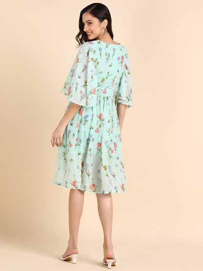 Floral Mint Green A-Line Midi Dress with Bell Sleeves – Summer Casual Dress for Women