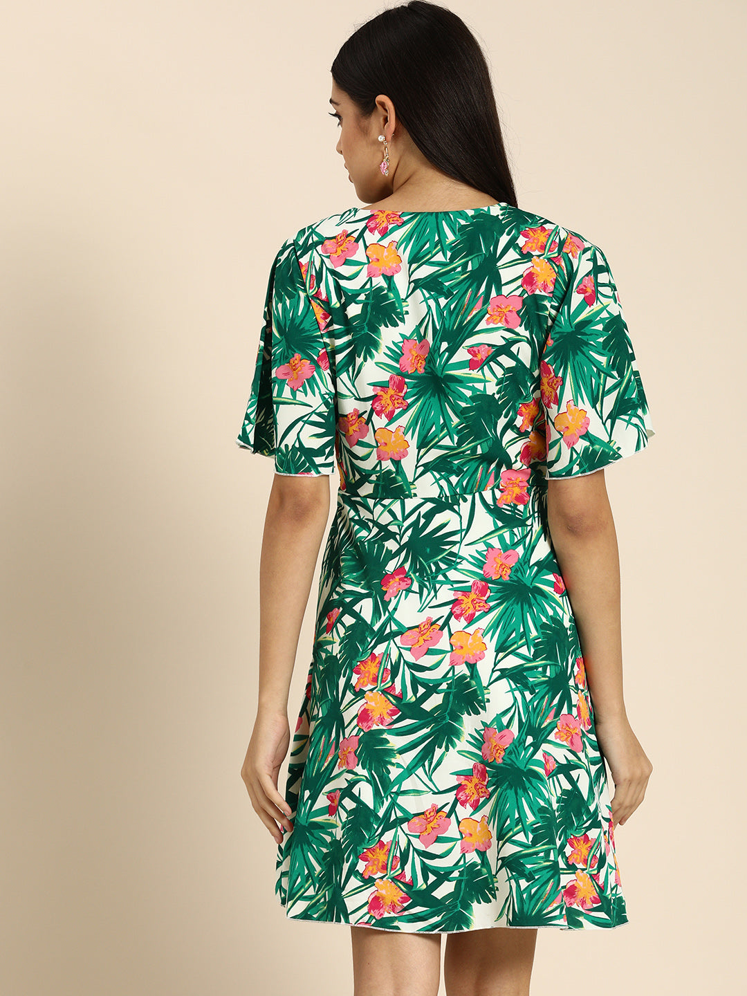 Tropical Floral Print V-Neck Fit & Flare Mini Dress Summer Vacation Vibes
