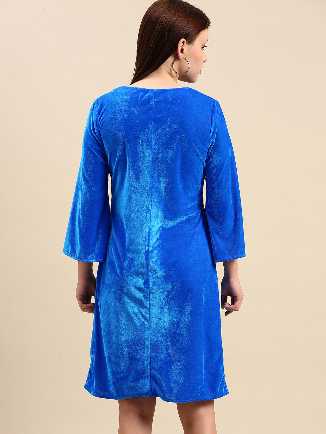Royal Blue Velvet Dress - V-Neck, Bell Sleeves, Knee Length