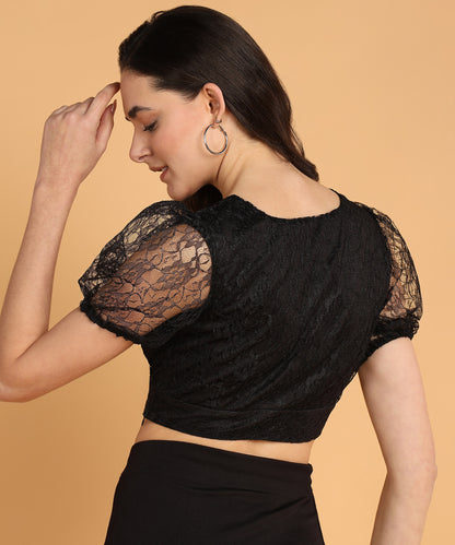 Black Lace Puff Sleeve Crop Top for Women with V-Neck