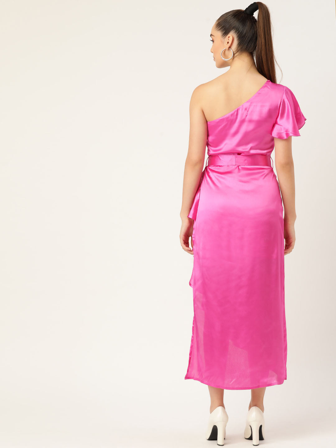 Hot Pink One-Shoulder Satin Midi Dress for Women – Elegant Party & Evening Wear