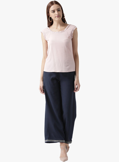 Women's Navy Blue Wide-Leg Pants with Embroidered Hem – Ethnic Casual Trousers
