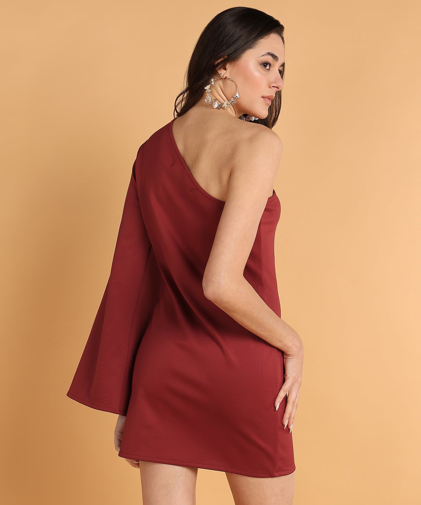 Maroon One-Shoulder Bodycon Mini Dress with Flared Sleeve for Women