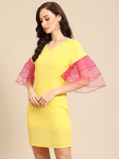 Stylish Yellow Dress with Sheer Pink Ruffle Sleeves – Trendy Summer Wear for Women