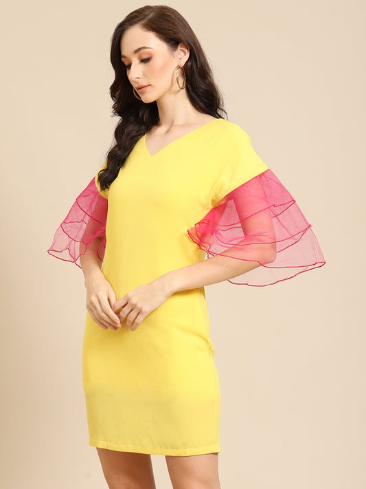 Stylish Yellow Dress with Sheer Pink Ruffle Sleeves – Trendy Summer Wear for Women
