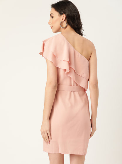 Peach One Shoulder Ruffle Mini Dress for Women
