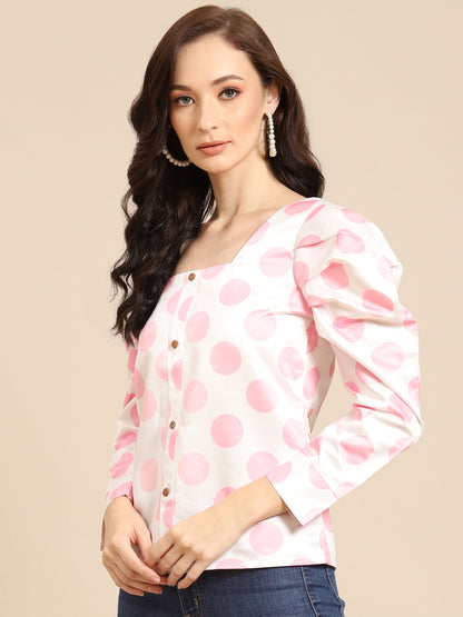 White and Pink Polka Dot Puff Sleeve Top for Women | Trendy Button Down Blouse