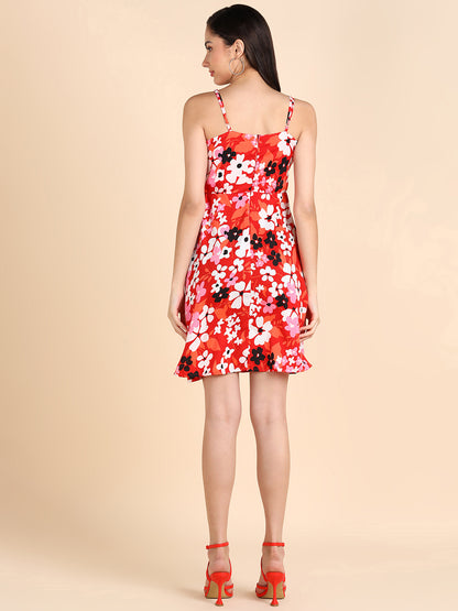 Red Floral Sleeveless A-Line Mini Dress for Women – Summer Party Wear