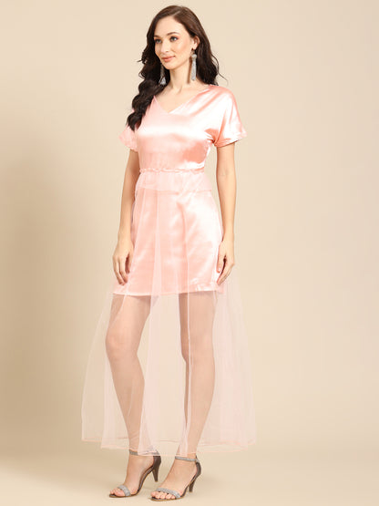 Women’s Peach Satin Short Dress with Sheer Net Overlay
