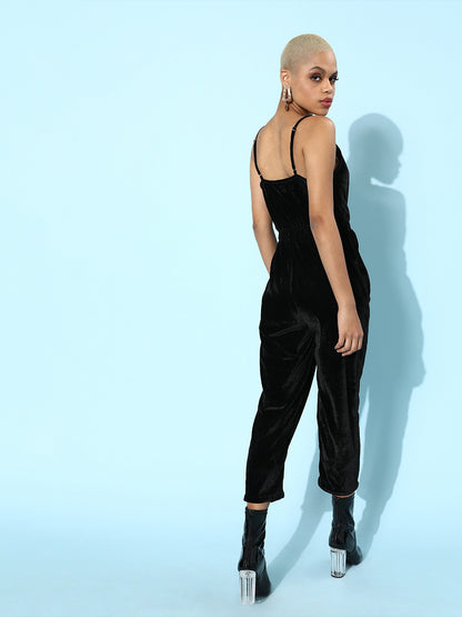 Black Velvet Sleeveless Jumpsuit with Belt for Women