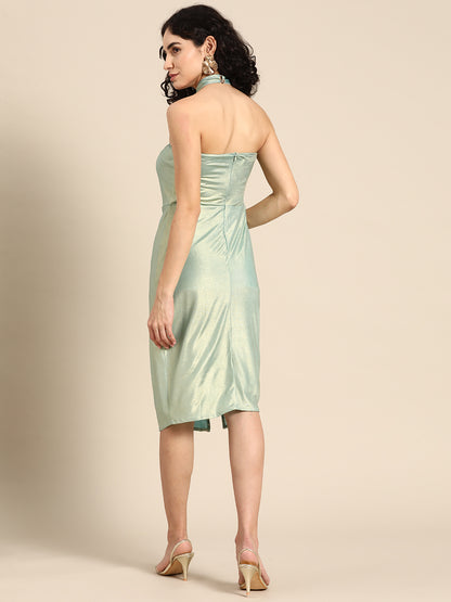 Women's Mint Green Shimmer Bodycon Dress with Front Slit and Cut-Out