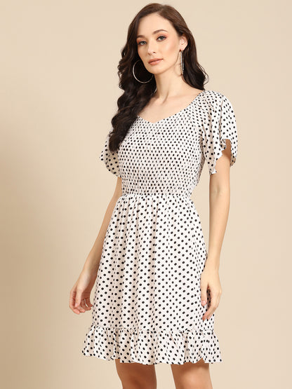 Chic Polka Dot Short Dress for Women | Ruffle Hem Smocked Fit & Flare Dress