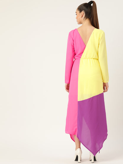 Women Color Block Maxi Dress with Deep V Neck and Front Slit
