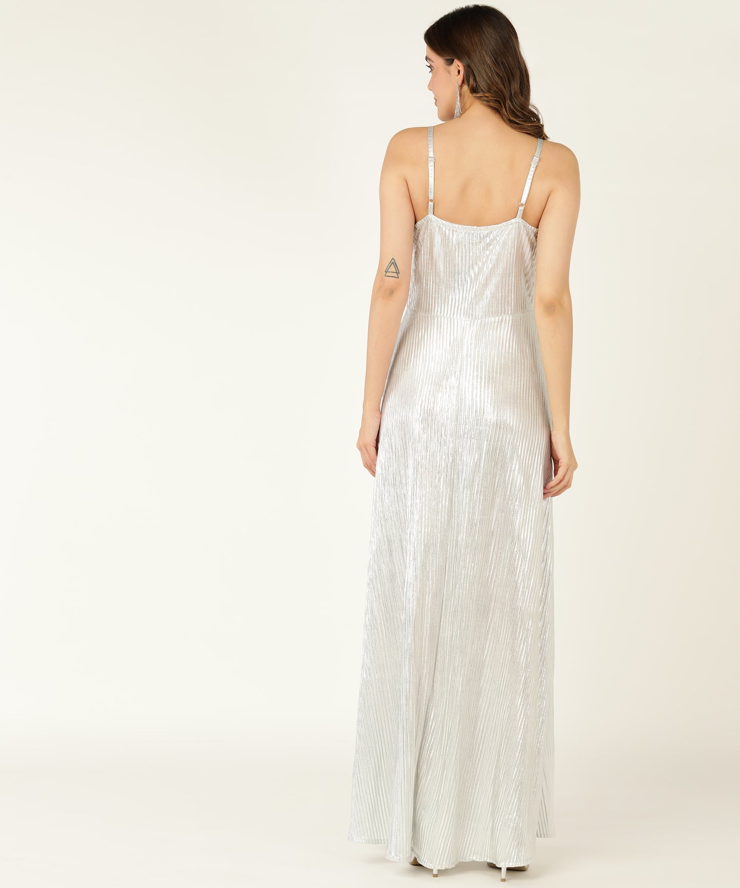 Silver Metallic Pleated Maxi Gown for Women with Spaghetti Straps
