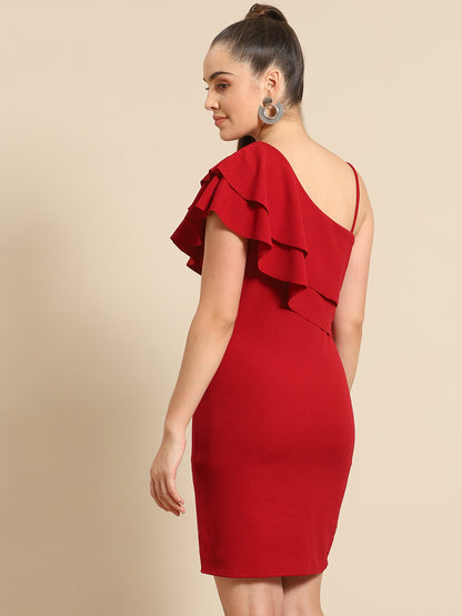 Chic Red One-Shoulder Ruffle Bodycon Dress for Women – Elegant Party & Evening Wear