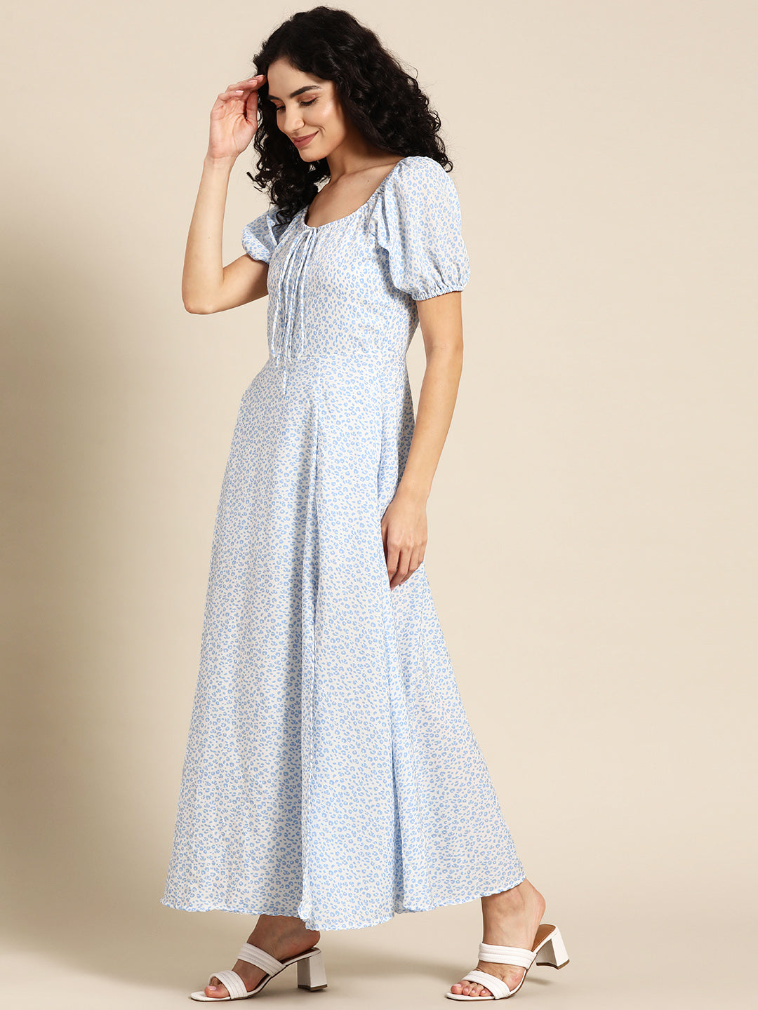 Lavender Floral Print Maxi Dress for Women with Puff Sleeves & Front Slit – Elegant Summer Casual Dress