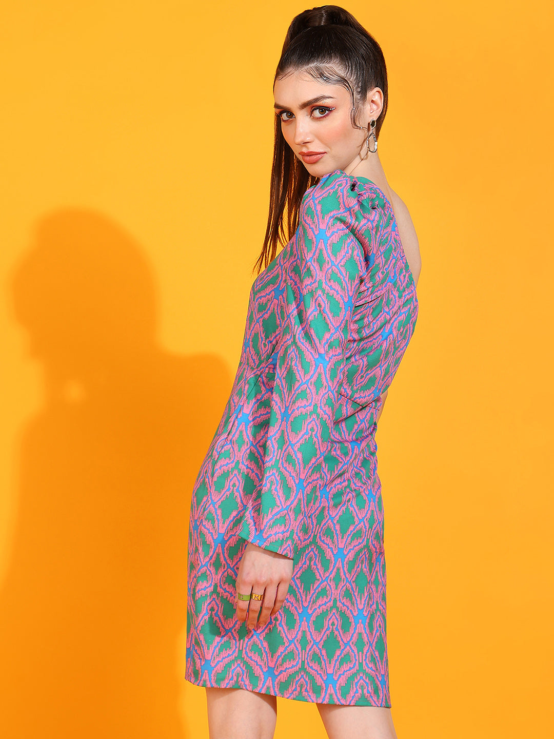 Women's One Shoulder Printed Bodycon Dress with Puff Sleeve – Party Wear