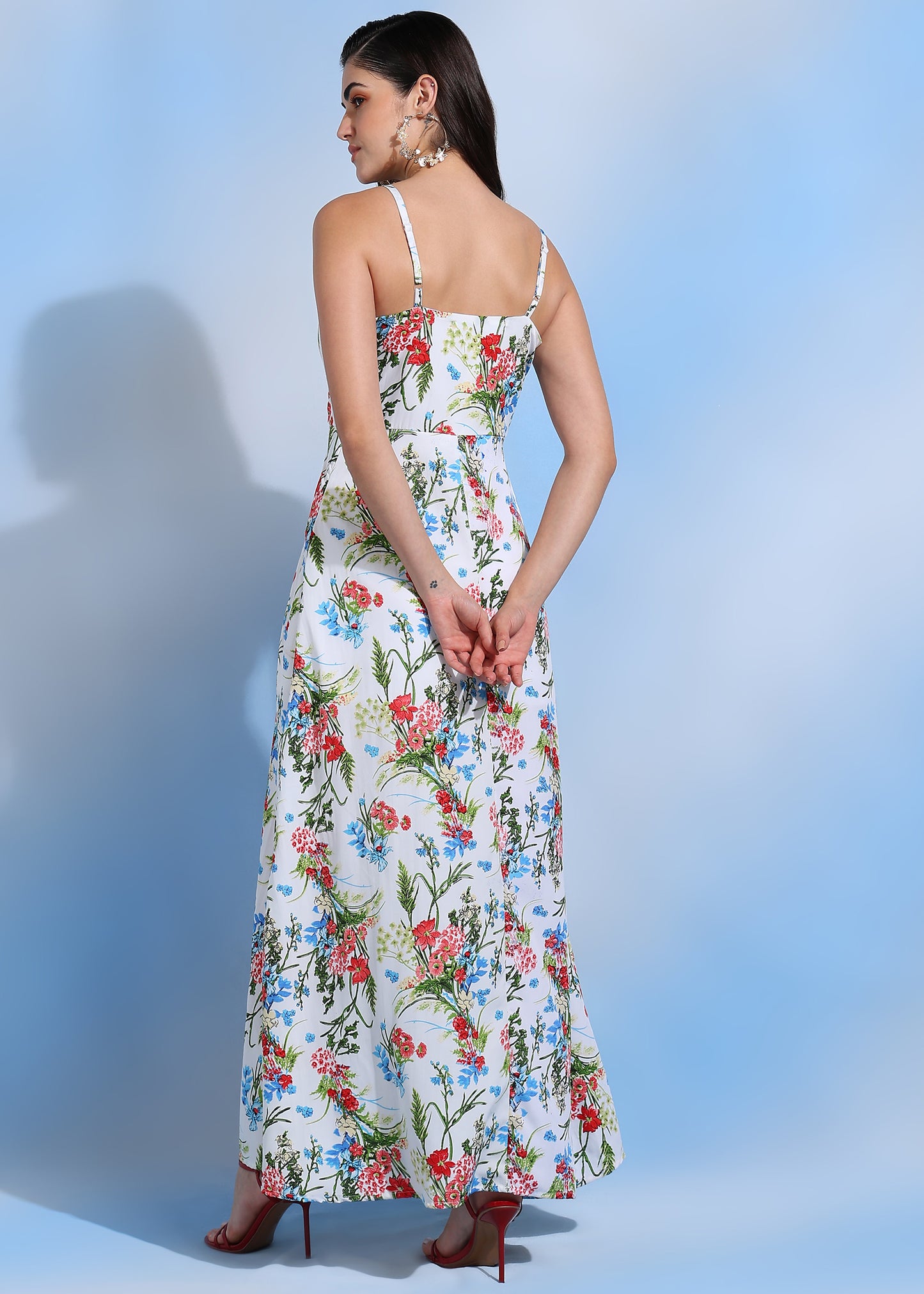 Women Floral Print V-Neck Spaghetti Strap Maxi Dress Summer Beach Outfit