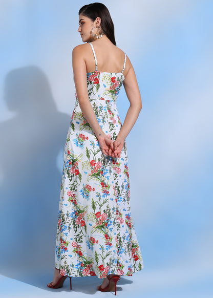 Women Floral Print V-Neck Spaghetti Strap Maxi Dress Summer Beach Outfit