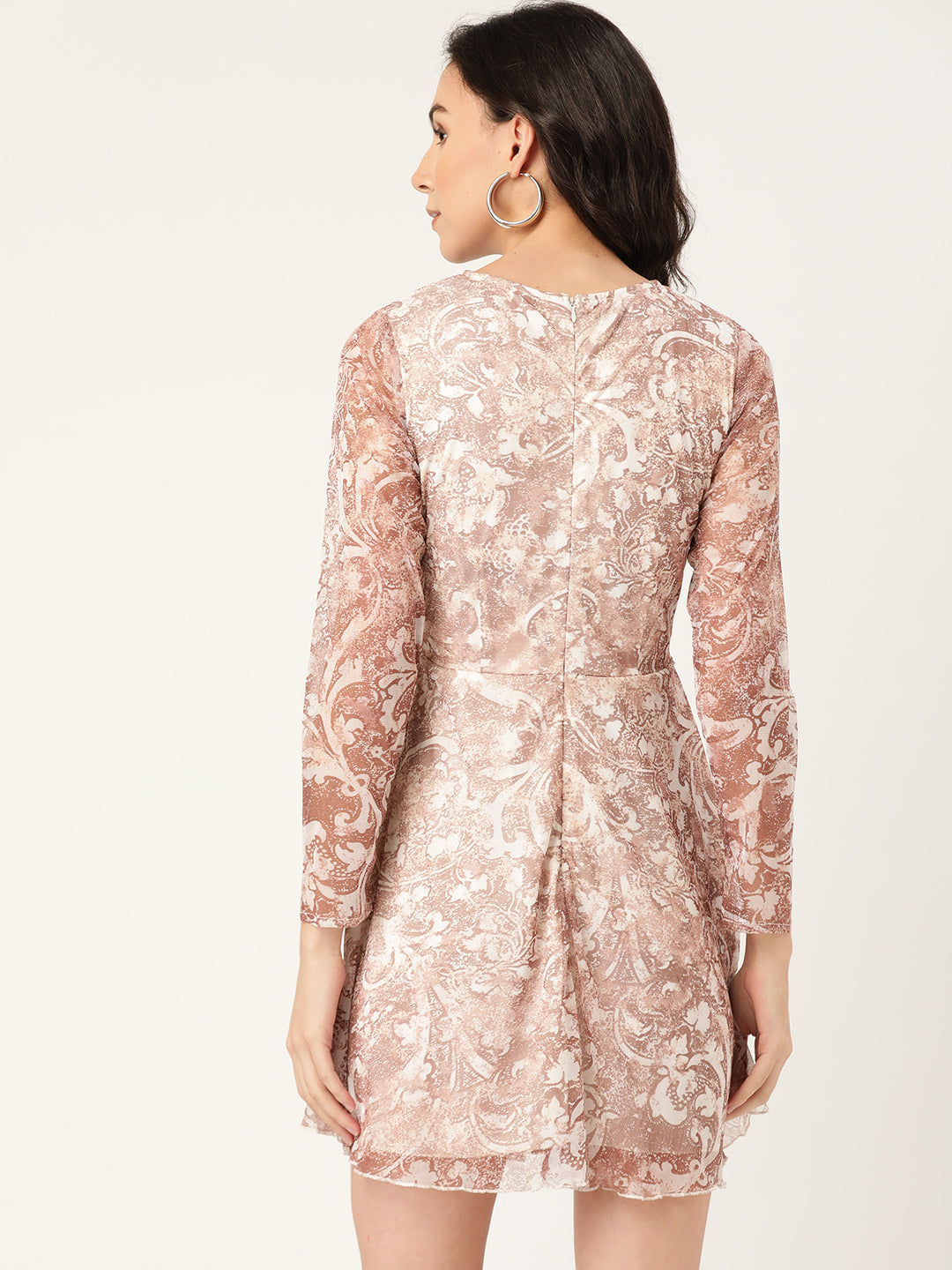 Elegant Pink Floral Mesh A-Line Mini Dress for Women – Long Sleeve Party Wear