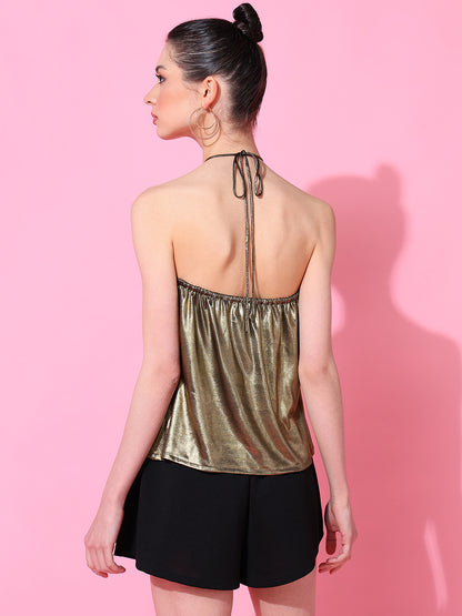 Golden Metallic Halter Neck Party Top for Women