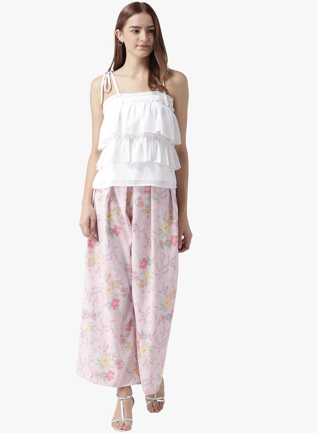 Women's Pink Floral Printed Wide-Leg Palazzo Pants with Pleats