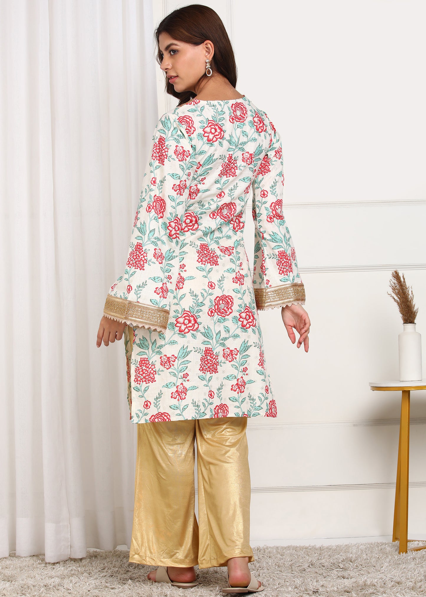 Floral Printed White Kurta with Golden Detailing | Ethnic Wear for Women