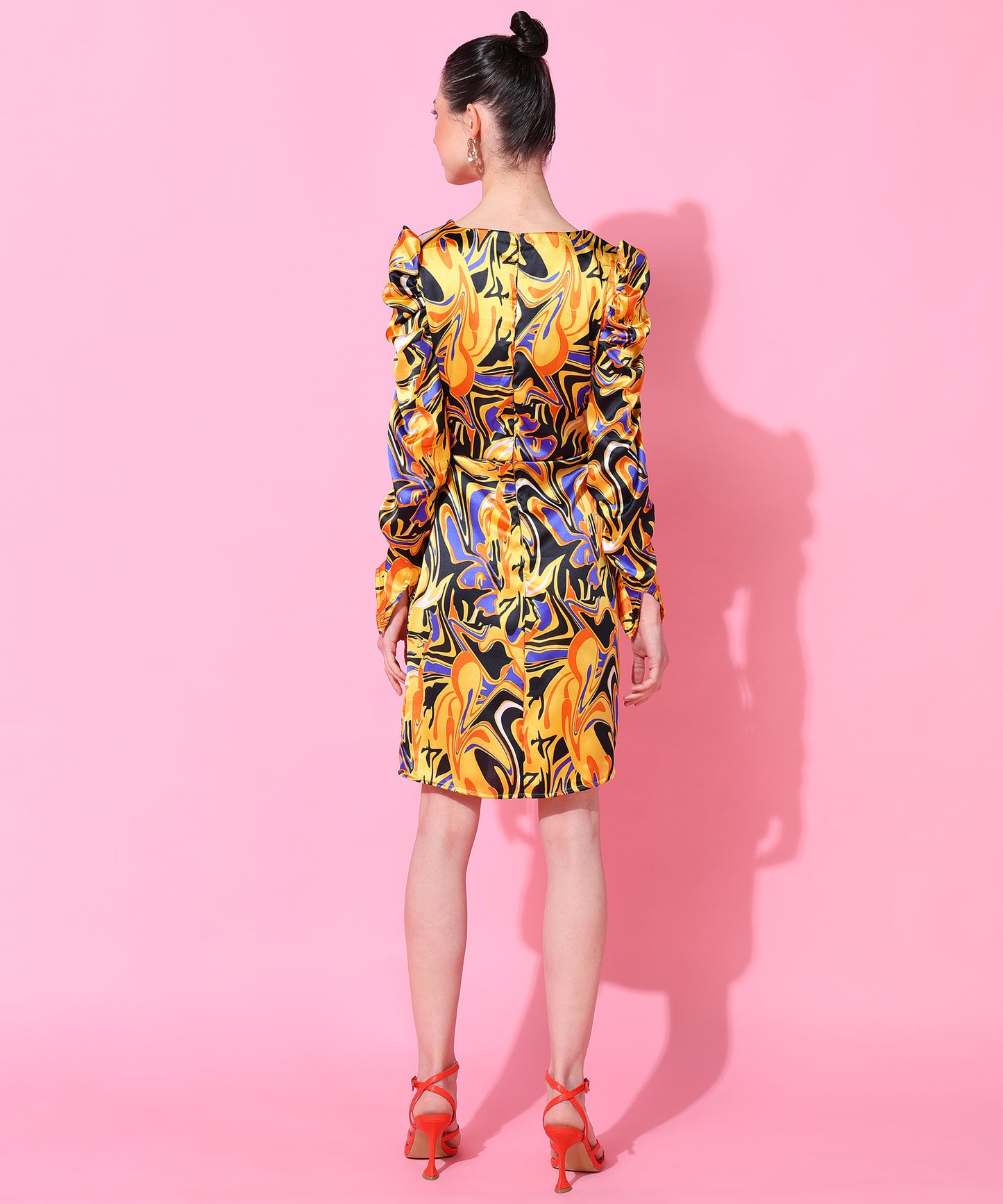 Multicolor Abstract Print Long Sleeve Wrap Mini Dress for Women