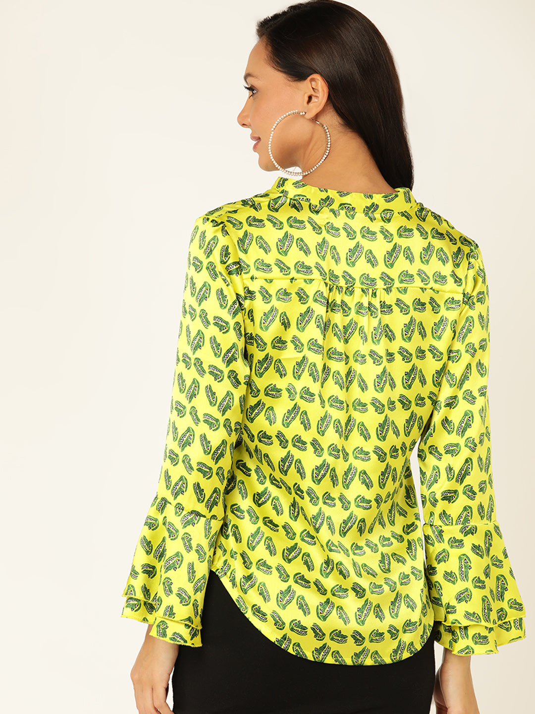 Women's Bright Yellow Leaf Print Shirt with Bell Sleeves