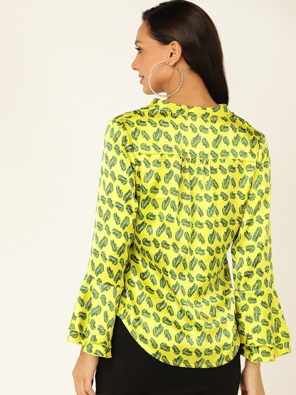 Women's Bright Yellow Leaf Print Shirt with Bell Sleeves