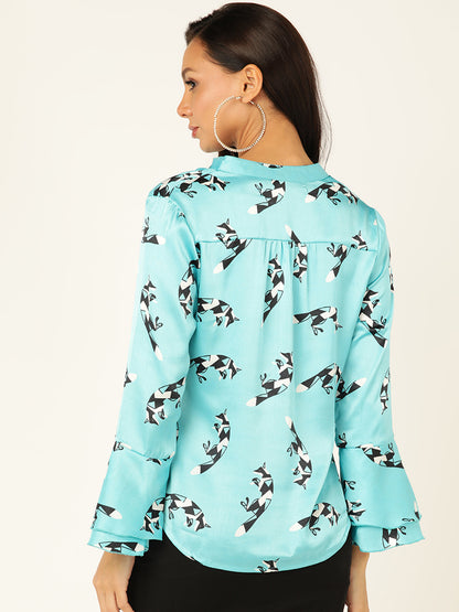 Women's Aqua Blue Satin Shirt with Fox Print and Flared Sleeves