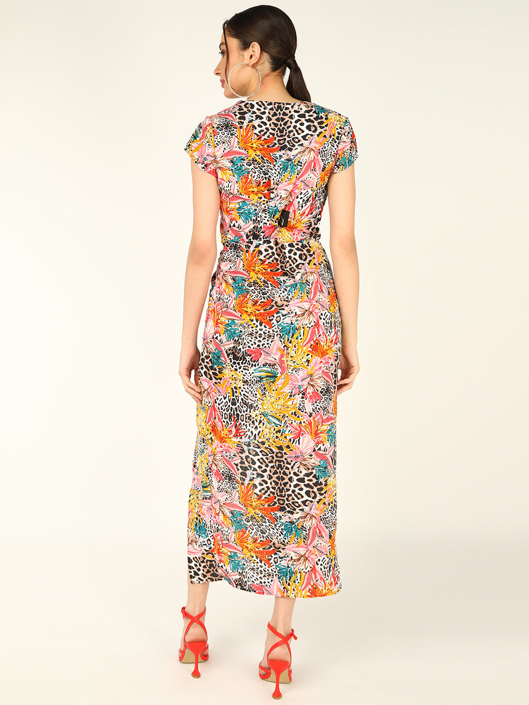 Women's Multicolor Tropical Floral and Leopard Print Slit Maxi Dress