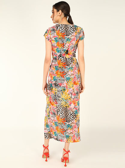 Women's Multicolor Tropical Floral and Leopard Print Slit Maxi Dress