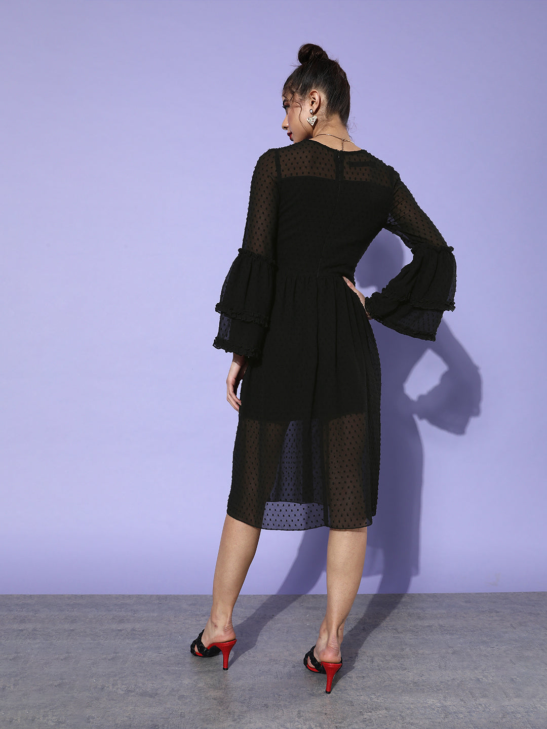 Women's Black Textured Midi Dress with Sheer Bell Sleeves Elegant Party Wear