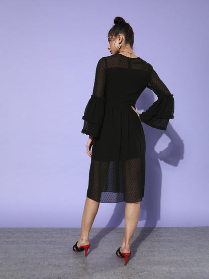 Women's Black Textured Midi Dress with Sheer Bell Sleeves Elegant Party Wear