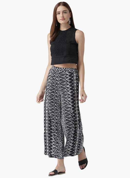 Black and White Ikat Printed Palazzo Pants for Women